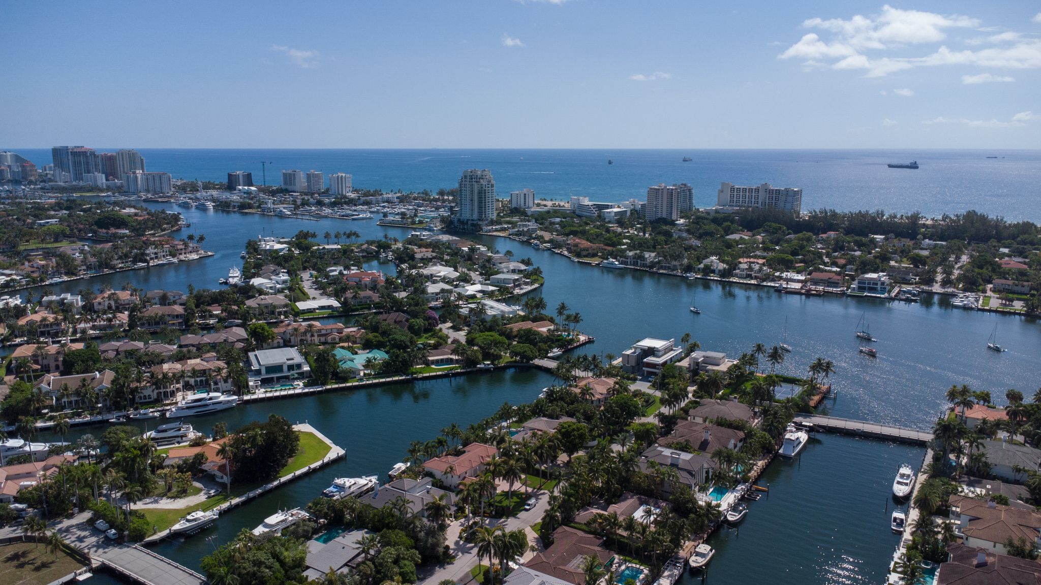 Aerial view over Lucille Island in Harbor Beach toward the Intracoastal Waterway and the Atlantic
