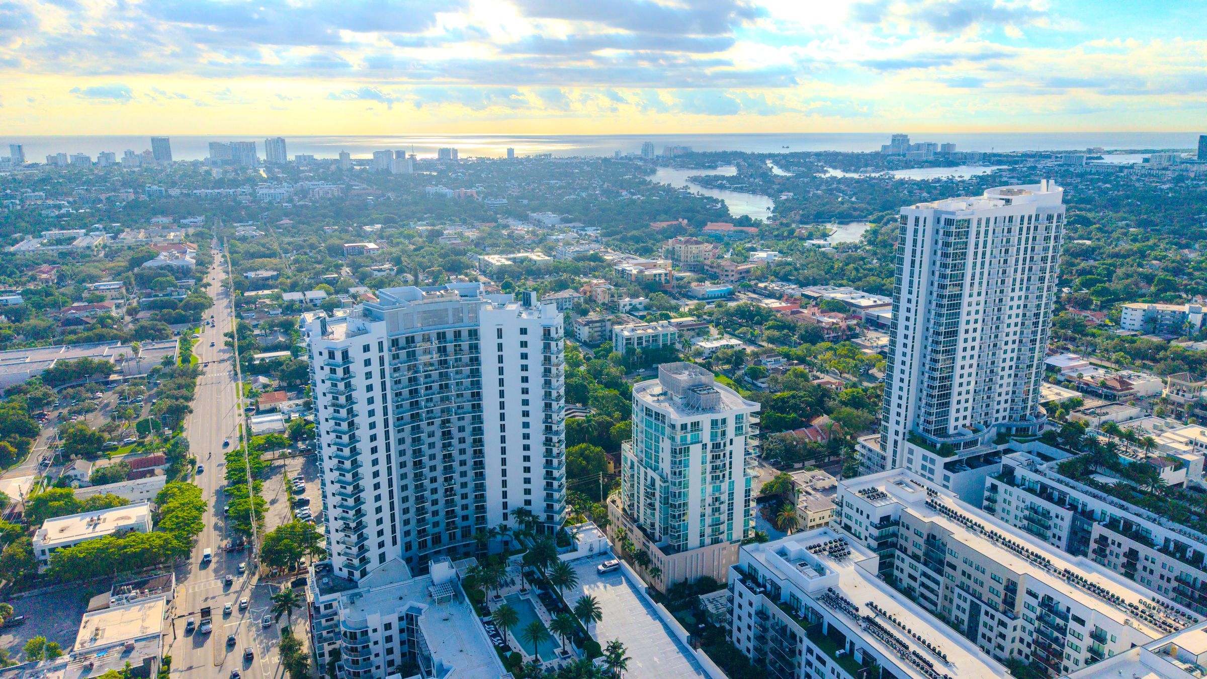 Aerial view over downtown Fort Lauderdale toward the coast