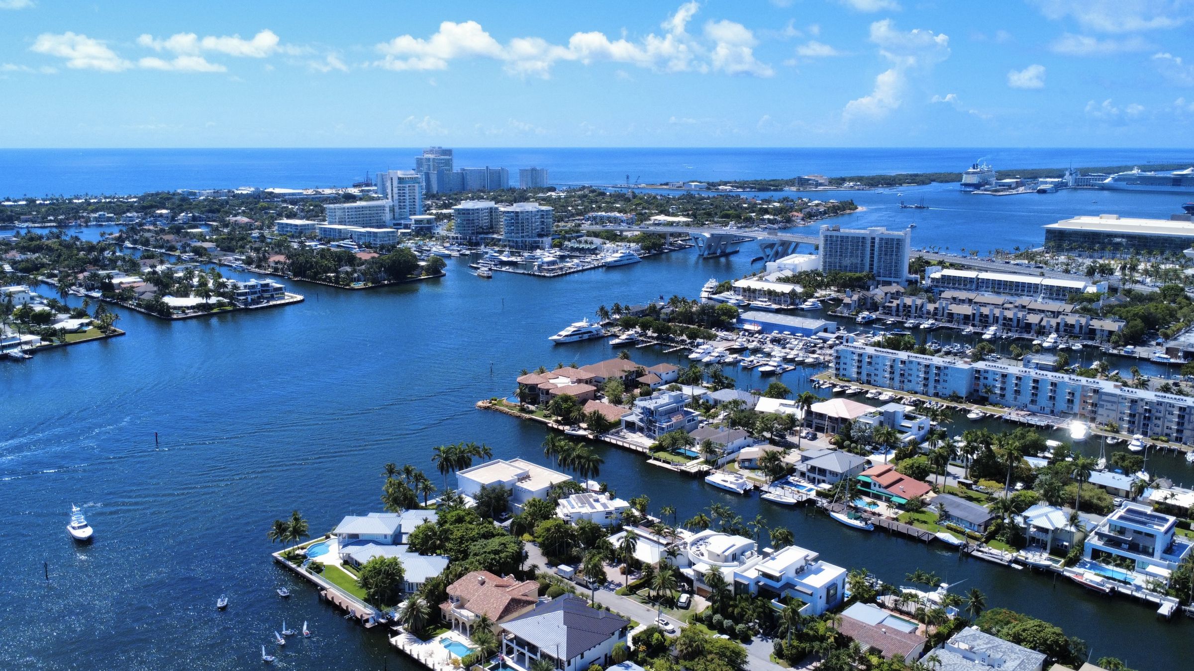 Aerial view of Fort Lauderdale’s Intracoastal Waterway toward Port Everglades